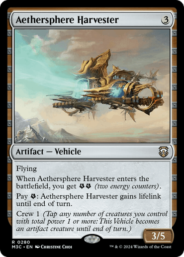 Image of a Magic: The Gathering card named "Aethersphere Harvester (Ripple Foil) [Modern Horizons 3 Commander]," an artifact vehicle from the upcoming Modern Horizons 3 set. With a mana cost of 3, this flying vessel boasts power and toughness of 3/5, featuring unique abilities tied to energy counters and gaining lifelink.