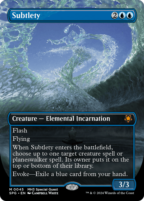 An illustration of a Magic: The Gathering card named "Subtlety (Borderless) [Modern Horizons 3 Special Guests]." This mythic Elemental Incarnation rises in a swirling ocean wave beneath a bright sky. With its blue border, it's a 3/3 creature with Flash and Flying from Modern Horizons 3. Its abilities include choosing a target spell and Evoke.