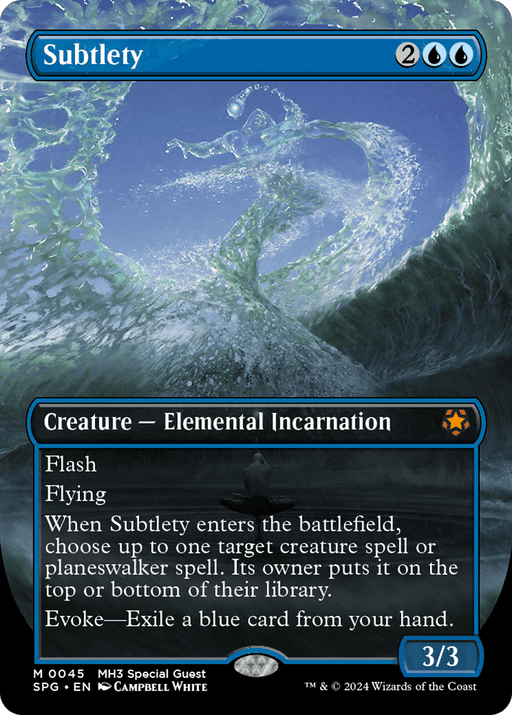 An illustration of a Magic: The Gathering card named "Subtlety (Borderless) [Modern Horizons 3 Special Guests]." This mythic Elemental Incarnation rises in a swirling ocean wave beneath a bright sky. With its blue border, it's a 3/3 creature with Flash and Flying from Modern Horizons 3. Its abilities include choosing a target spell and Evoke.