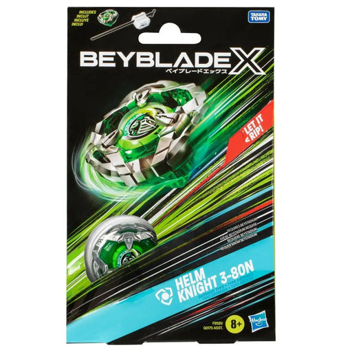 Image of the Hasbro Beyblade X Helm Knight 3-80N Starter Pack Set with Defense Type Top & Launcher packaging. The box is predominantly black with green and silver accents and features images of the Defense Type top, its components, and a white launcher. The text reads "LET IT RIP!" and highlights the X-Celerator Gear System. Suitable for ages 8 and up.
