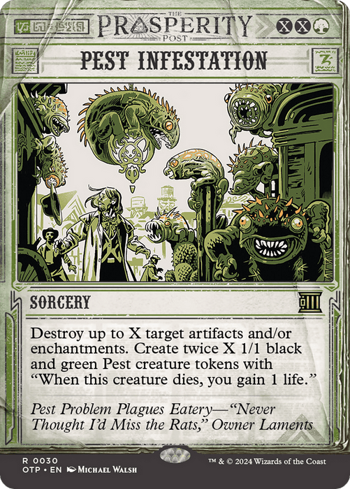 A detailed image of a Pest Infestation [Outlaws of Thunder Junction: Breaking News] Magic: The Gathering card. This predominantly green Sorcery card features a creepy cityscape with menacing, monstrous pests. Part of the "Outlaws of Thunder Junction: Breaking News" set, it can destroy artifacts or enchantments and creates pest creature tokens. Flavor text is included at the bottom.
