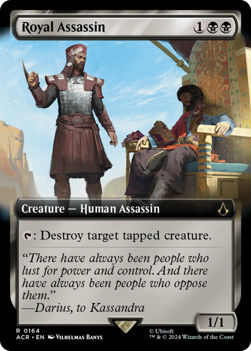 A rare Magic: The Gathering card titled "Royal Assassin (Extended Art) [Assassin's Creed]." The artwork features a Human Assassin in dark armor pulling a knife behind another seated man in royal attire. The card costs 1 black and 2 generic mana to cast, is a 1/1 creature, and has an ability to destroy a tapped creature.