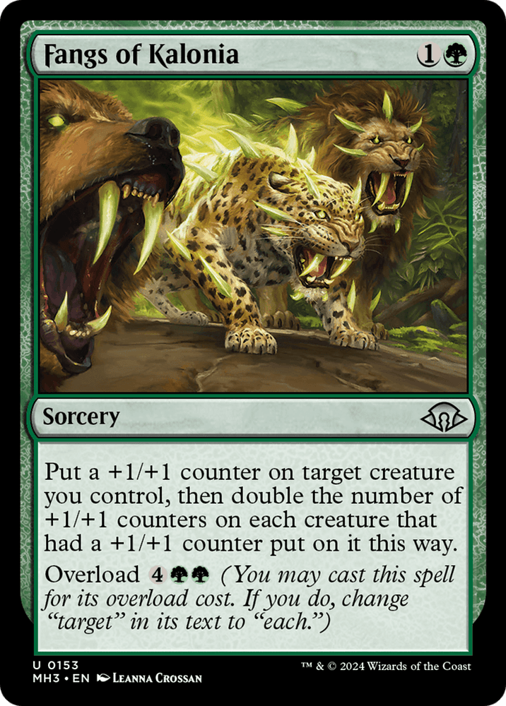 A Magic: The Gathering card titled "Fangs of Kalonia [Modern Horizons 3]" from Magic: The Gathering. This green-bordered card features artwork of a snarling, spotted jungle cat with glowing green eyes, flanked by two other ferocious jungle creatures. The card's cost is 1 generic mana and 1 green mana, enhancing creatures with sorcery-like intensity.