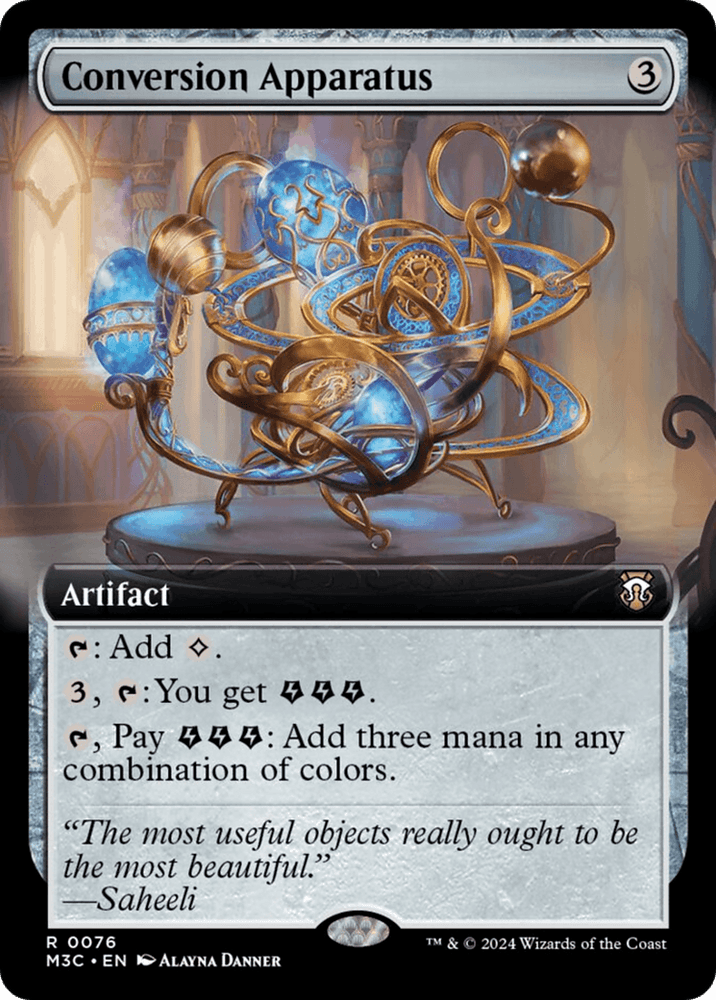 The image showcases a rare "Conversion Apparatus (Extended Art) (Ripple Foil)" Magic: The Gathering card from Modern Horizons 3 Commander. It depicts an intricate artifact with metalwork and glowing blue orbs. The text details its abilities, including the generation of both colorless and colored mana. At the bottom, a quote from Saheeli praises its beauty and utility.