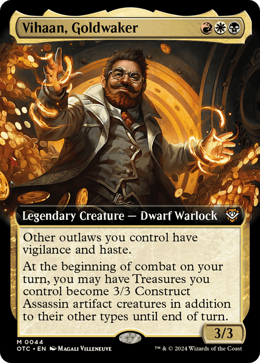 A trading card for "Vihaan, Goldwaker (Extended Art) [Outlaws of Thunder Junction Commander]" from Magic: The Gathering shows a bearded dwarf in a gold-trimmed robe, casting a spell among floating coins. The card states: "Legendary Creature — Dwarf Warlock," with abilities for vigilance, haste, and transforming Treasures. Power/toughness is 3/3.