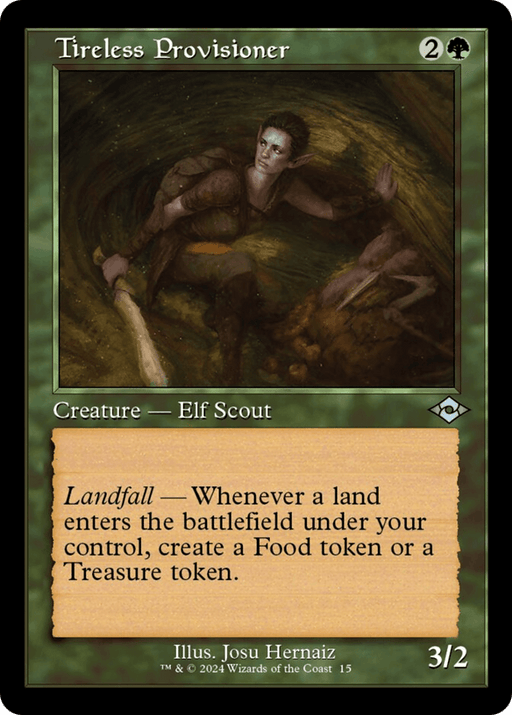 A Magic: The Gathering card titled "Tireless Provisioner (Retro) [Modern Horizons 3]," from *Modern Horizons 3*, featuring an Elf Scout. The card has a casting cost of 2G and a power/toughness of 3/2. The text reads: "Landfall — Whenever a land enters the battlefield under your control, create a Food token or a Treasure token." The artwork by Josu