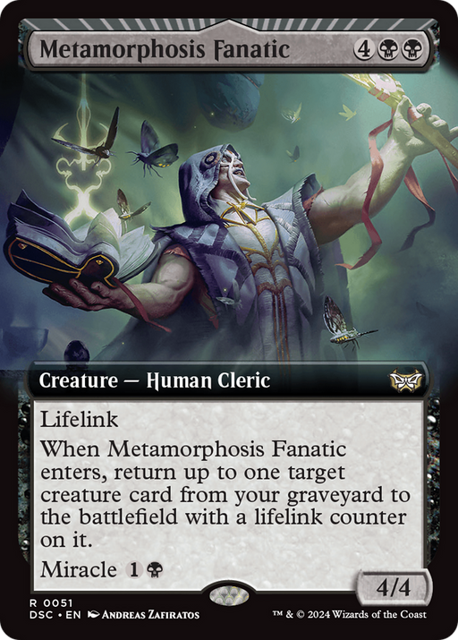 The image showcases the Magic: The Gathering card "Metamorphosis Fanatic (Extended Art)" from Duskmourn: House of Horror Commander. It depicts a humanoid cleric with outstretched arms, adorned in grey robes, emitting green energy and surrounded by floating scrolls. The card has lifelink, a Miracle cost, and power and toughness of 4/4.