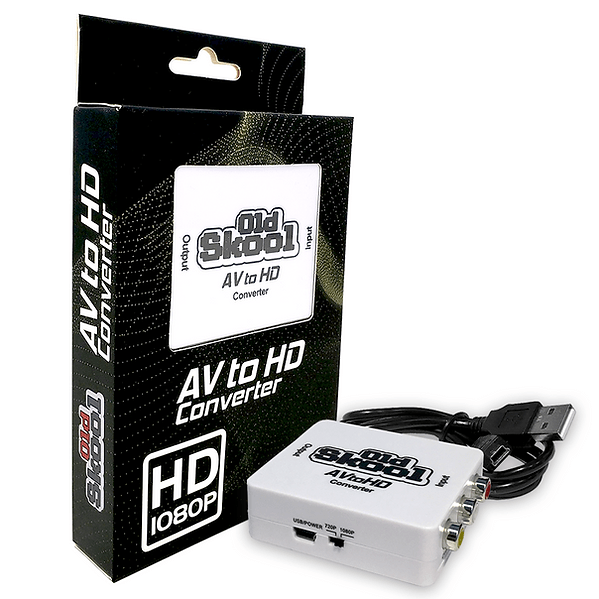 Packaging and device for the Old Skool AV to HD Converter, ideal for retro gaming consoles. The black box features white text emphasizing its "HD 1080P" capability. The stylish white converter displays AV input options and includes USB, HDMI, and AV connections.