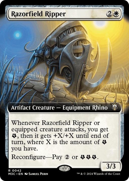 A Magic: The Gathering card named "Razorfield Ripper (Extended Art) [Modern Horizons 3 Commander]" from Modern Horizons 3. It costs 2 and a black mana and is an Artifact Creature - Equipment Rhino with a power/toughness of 3/3. Its abilities provide a +X/+X boost when it or the equipped creature attacks. It has a Reconfigure cost of 2 or 3 black mana.