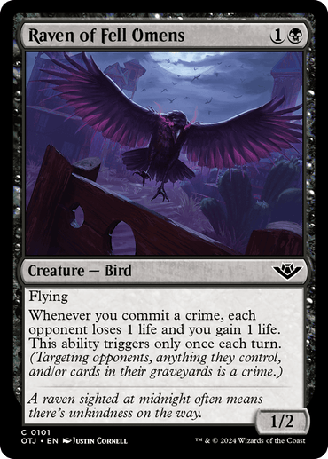 A card titled "Raven of Fell Omens" from Magic: The Gathering showcases a dark raven with outstretched wings soaring over decrepit ruins. Part of the Outlaws of Thunder Junction series, this bird creature card requires 1 generic and 1 black mana, possessing a mysterious flying ability with life-altering effects.
