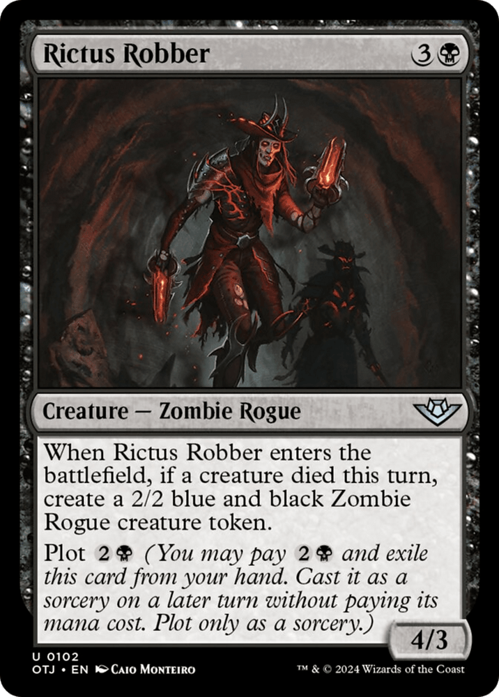 The "Rictus Robber" card from the "Outlaws of Thunder Junction" set by Magic: The Gathering costs 3 generic mana and 1 black mana. It showcases a skeletal figure wielding a scythe, shrouded in darkness and surrounded by flames. This Zombie Rogue has a power/toughness of 4/3, can generate a token if another creature died this turn, and incorporates the Plot mechanic.