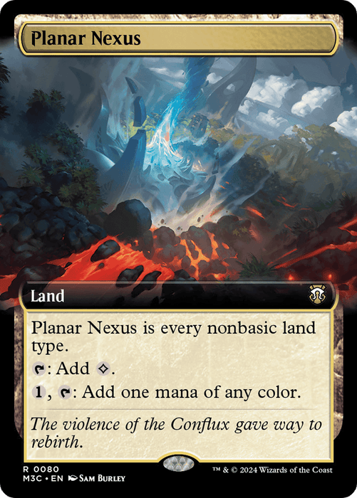 A Magic: The Gathering card named **"Planar Nexus (Extended Art) [Modern Horizons 3 Commander]"** from Modern Horizons 3 features a fiery, otherworldly landscape with a glowing blue vortex. It’s a Land card with the abilities: "Planar Nexus is every nonbasic land type," "Add ⬜," and "1, ⬜: Add one mana of any color." The flavor text reads, "The violence