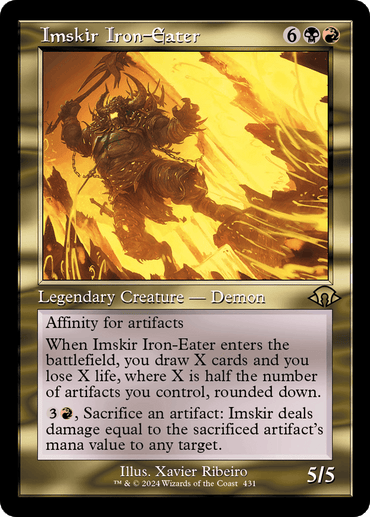 A Magic: The Gathering product named "Imskir Iron-Eater (Retro) [Modern Horizons 3]" from Magic: The Gathering. This Legendary Creature is a powerful, fiery demon surrounded by flames and molten metal, wielding a large, blazing sword. With an affinity for artifacts, it can draw cards and deal damage. Casting costs six colorless, one black, and one red mana.