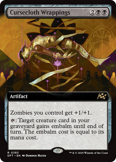 An extended art Magic: The Gathering card, "Cursecloth Wrappings" from Aetherdrift, costs 2 generic and 2 black mana. Dominik Mayer's art shows a mummy in a mystical aura. This artifact grants zombies +1/+1 and lets creature cards gain "embalm" until end of turn.