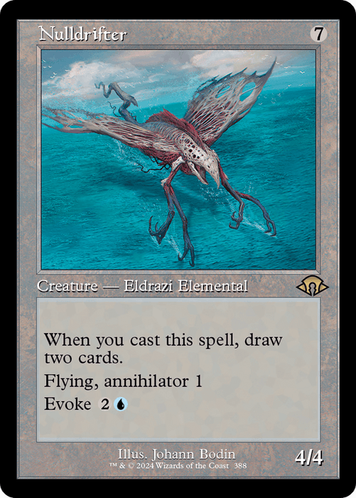 Magic: The Gathering card titled "Nulldrifter (Retro) [Modern Horizons 3]," a Rare Creature from Modern Horizons 3, depicting an Eldrazi Elemental above a tumultuous sea with seven mana cost. Text reads: "When you cast this spell, draw two cards. Flying, annihilator 1. Evoke 2U." The card's stats are 4 power and 4 toughness. Illustrated by