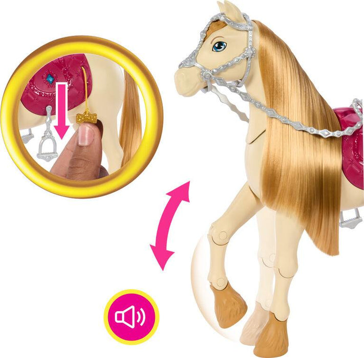A Barbie Mysteries: The Great Horse Chase Interactive Toy Horse by Mattel with long blonde hair and a pink saddle. The interactive toy horse is shown with its legs moving, indicated by a pink arrow. An inset shows a close-up of a child's finger pulling a small accessory, suggesting an engaging feature. A sound icon is displayed at the bottom.

