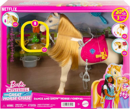 The image shows a "Barbie Mysteries: The Great Horse Chase Interactive Toy Horse" toy package by Mattel. The box includes a white Barbie horse with a long mane and pink saddle, along with various accessories. The front of the box features the Netflix logo, Barbie branding, and two illustrated characters on the bottom right.