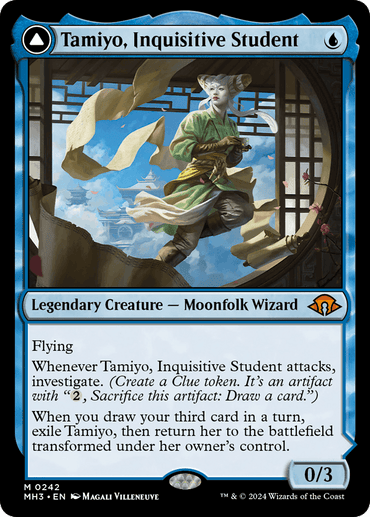 The image is of a Magic: The Gathering card titled "Tamiyo, Inquisitive Student // Tamiyo, Seasoned Scholar [Modern Horizons 3]" from Modern Horizons 3. It features the legendary planeswalker as a flying moonfolk wizard holding a scroll and quill, amidst flowing banners and architectural elements. The card has a blue color theme, denoted as a legendary creature with 0/3 stats and special abilities.