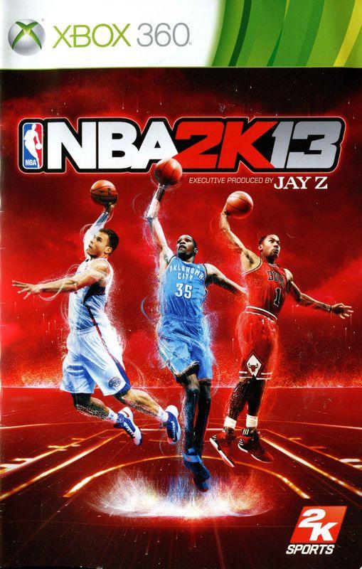 The cover art for "NBA 2K13" by Everything Games for Xbox 360 shows three basketball players in action, wearing white, blue, and red jerseys. The NBA logo is at the top left and Jay Z's production is highlighted. Enjoy the My Career mode; the 2K Sports logo is on the bottom right.