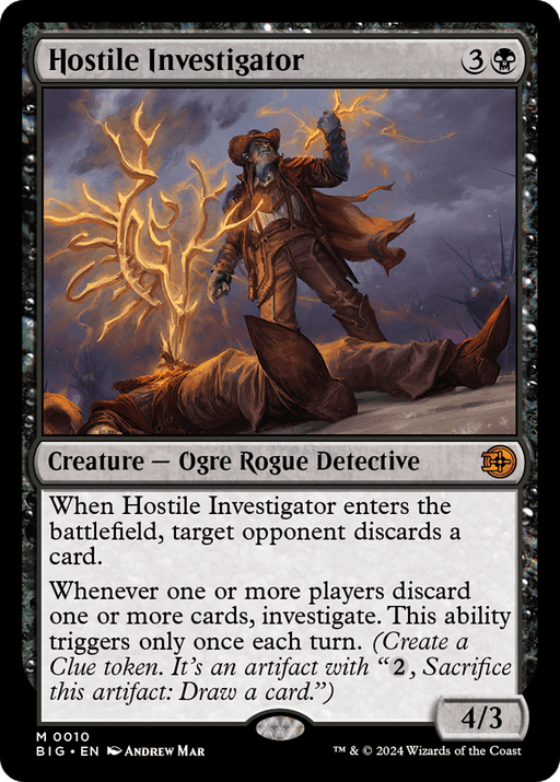 A Magic: The Gathering card named "Hostile Investigator [Outlaws of Thunder Junction: The Big Score]" features an Ogre Rogue Detective in a trench coat with a magnifying glass, casting a spell as papers scatter around. This mythic card costs 3B, has 4 power and 3 toughness, and includes abilities for discarding and investigating clues. Art by Andrew Mar.