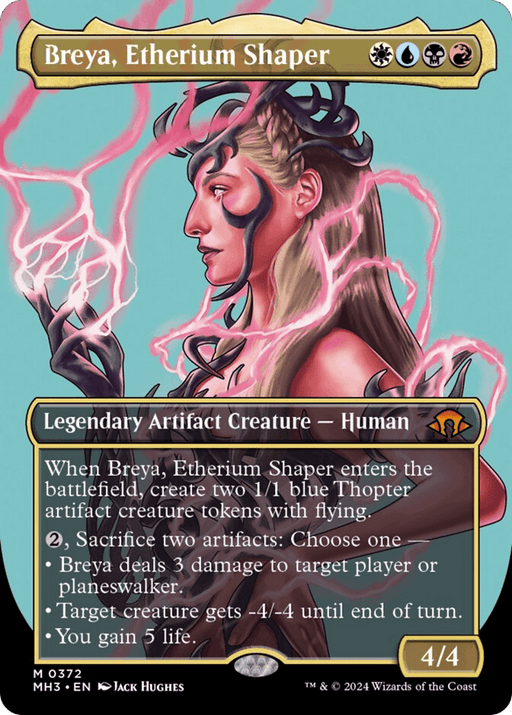 A "Breya, Etherium Shaper (Borderless) [Modern Horizons 3]" Magic: The Gathering card featuring an illustration of a female character with mechanical elements, holding a glowing blue orb. This Legendary Artifact Creature has a gold border, is from Modern Horizons 3, and has WUBR mana cost with 4/4 power/toughness. Artist: Jack Hughes.