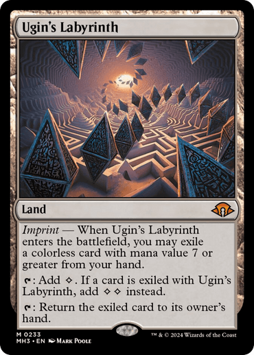 Ugin's Labyrinth [Modern Horizons 3]," a Mythic Land card from Magic: The Gathering, beautifully illustrated by Mark Poole, features a surreal labyrinth with floating, rune-covered stones. This card's text details its Imprint mechanic and abilities to generate colorless mana and return exiled cards.