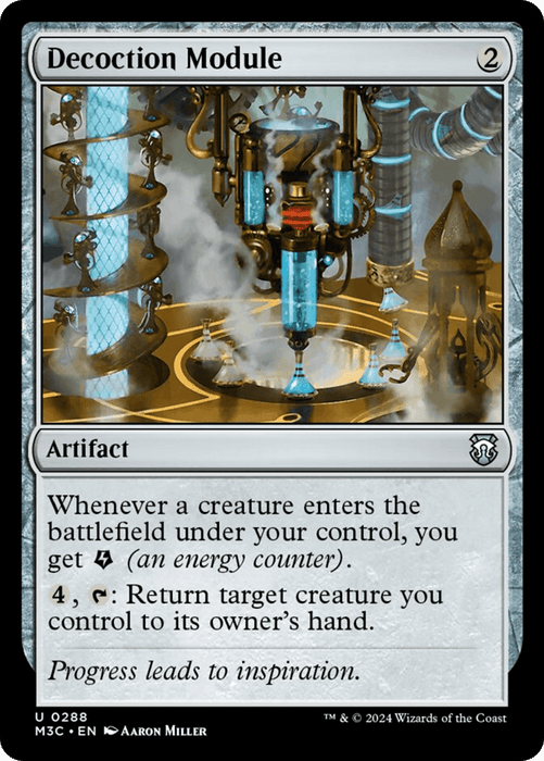 The image depicts the Magic: The Gathering card, Decoction Module [Modern Horizons 3 Commander], from Modern Horizons 3 Commander. It is an artifact card with a cost of 2 generic mana. The artwork features a steampunk device with glowing blue vials and intricate gears. Text reads: "Whenever a creature enters the battlefield under your control, you get an energy counter. Pay 4 mana and tap: Return