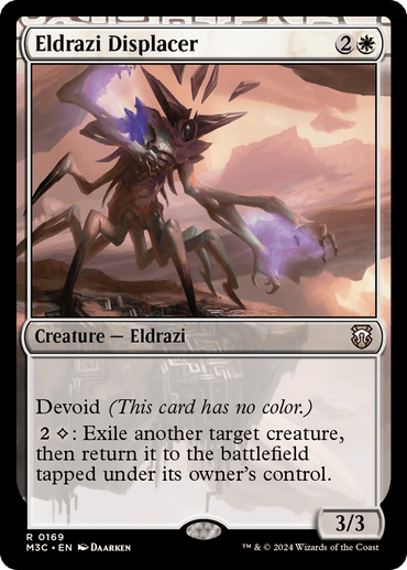 A Magic: The Gathering card titled "Eldrazi Displacer (Ripple Foil) [Modern Horizons 3 Commander]" from Magic: The Gathering features artwork of a spiky, alien-like Eldrazi creature with long limbs against a sandy desert backdrop. This 3/3 creature has a casting cost of 2 and one colorless mana, possesses Devoid, and an activated ability involving colorless mana.