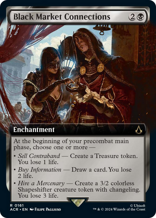 A "Black Market Connections (Extended Art) [Assassin's Creed]" Magic: The Gathering card shows two robed, hooded figures engaging in a clandestine trade. This rare card has a detailed parchment background, with its enchantment abilities described: creating treasure tokens, drawing cards, and creating shapeshifter tokens at a life cost.