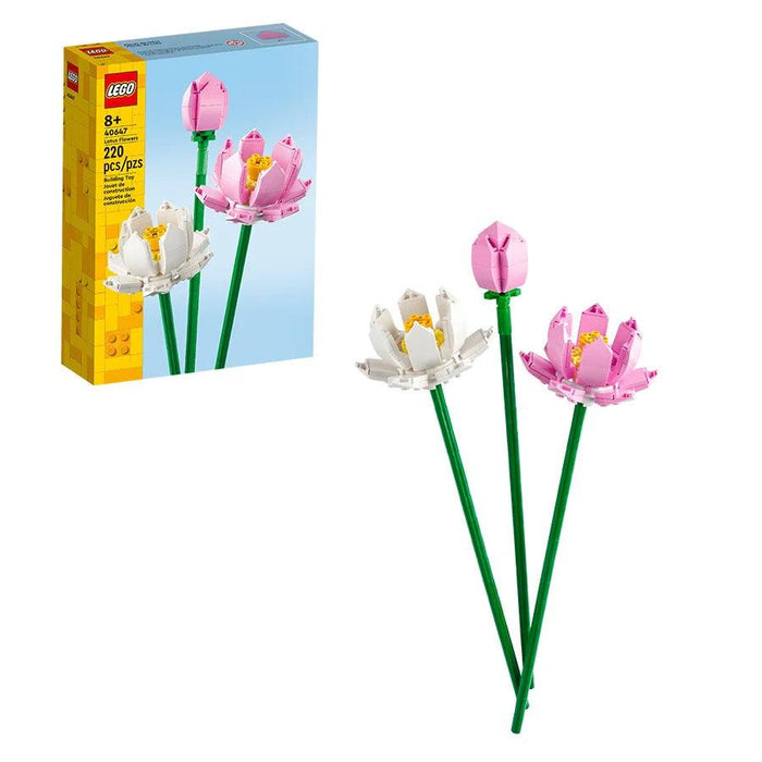 The Lego LEGO® Lotus Flowers Building Set features a stunning flower display with two buildable models: one pink with a green stem and another white, plus a pink bud on a green stem. Perfect for aesthetic room décor, the box contains 220 pieces and showcases the completed LEGO® Lotus Flowers Building Set, designed for ages 8 and up.