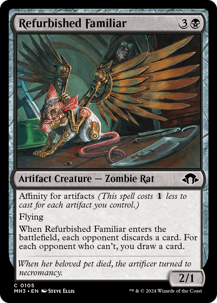 A Refurbished Familiar [Modern Horizons 3] Magic: The Gathering card. It features a winged zombie rat on a mechanical contraption. This Artifact Creature costs 3 and a black mana, has flying, and its abilities make opponents discard a card while you draw one for each. Illustrated by Steve Ellis.