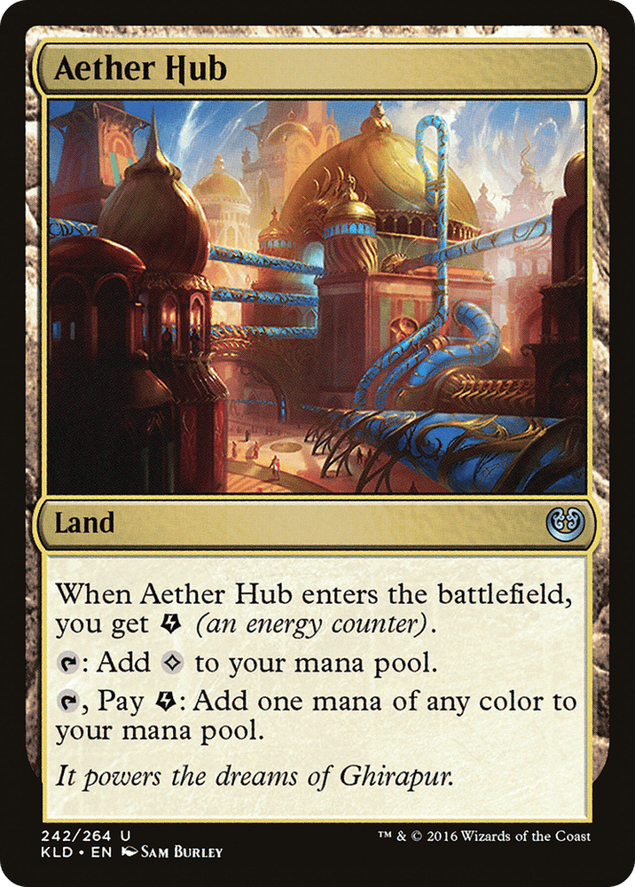 A "Magic: The Gathering" trading card titled "Aether Hub (Ripple Foil)" from the Modern Horizons 3 Commander set, perfect for Commander Land decks. Illustrated by Sam Burley, this land card adds energy counters and mana to a player's mana pool, featuring an ornate, fantasy-themed structure with glowing energy lines.