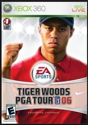 The Xbox 360 cover of "Tiger Woods PGA Tour 06" by EA Sports features a determined golfer in a red shirt and cap raising his fist, with the iconic EA Sports logo above the title, an "Everyone" ESRB rating, and Xbox Live branding.