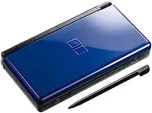 A handheld gaming console in a closed blue design, featuring a black stylus beside it, offers a premium gaming experience. The shiny surface with the embossed square logo evokes the classic Nintendo DS Lite by Nintendo. The black edges match the stylus, which is positioned diagonally in front of the console.