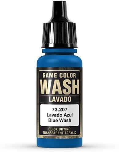 A small 17ml bottle of Vallejo Blue Wash is ready for your weathering projects. Its transparent acrylic formula dries quickly and adds depth. With a black cap and blue liquid inside, the label prominently displays product code 