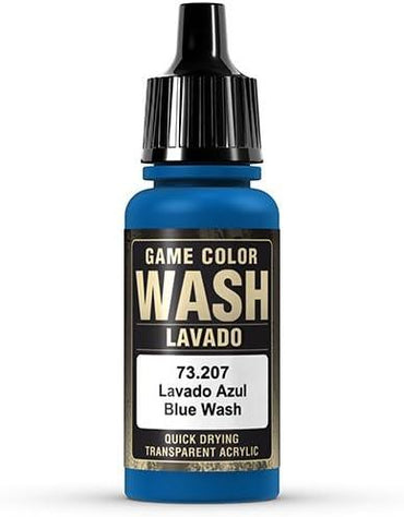 A small 17ml bottle of Vallejo Blue Wash is ready for your weathering projects. Its transparent acrylic formula dries quickly and adds depth. With a black cap and blue liquid inside, the label prominently displays product code "73.207.