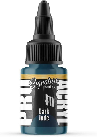 Monument Hobbies' Pro Acryl Dark Jade Acrylic Model Paint (S01) is ideal for tabletop projects, featuring a black twist cap with a precision nozzle. Its label is black and gold with bold white text highlighting the high-density pigments inside.