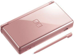 The pink Nintendo DS Lite by Nintendo, when closed, delivers a top-notch gaming experience with its dual screens and glossy finish. This elegant handheld device is accompanied by a matching stylus positioned horizontally in front of it, elevating its chic design.