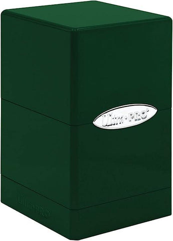 The Satin Tower - Hi-Gloss Emerald Green by Ultra PRO is a card deck box made from sturdy injection molded plastic. It features a horizontal seam, smooth finish, and silver oval emblem with the brand logo. Its simple, sleek design ensures secure storage for your cards.