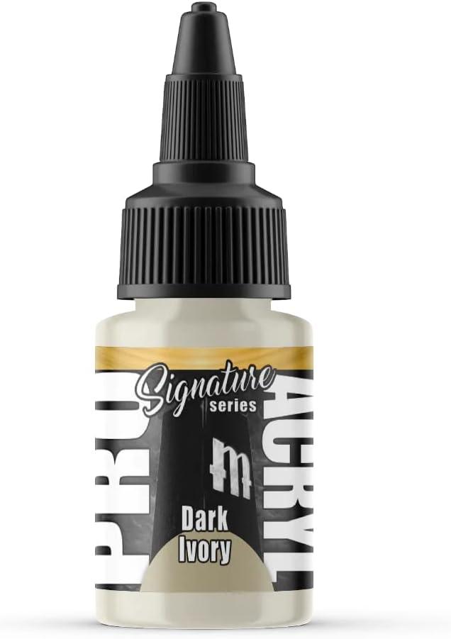 A bottle of Monument Hobbies S07-Pro Acryl Dark Ivory Acrylic Model Paints for Plastic Models is shown, perfect for tabletop hobby projects. The bottle features a black tapered nozzle cap and a label with the text 