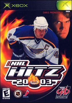 Cover of the Everything Games product "NHL Hitz 2003." It prominently features an ice hockey player in a white and blue St. Louis Blues jersey with the captain's "C," skating with the puck. The background includes a large image of another player's focused face, reflecting the intensity of arcade-style hockey. The title and logos are at the bottom.