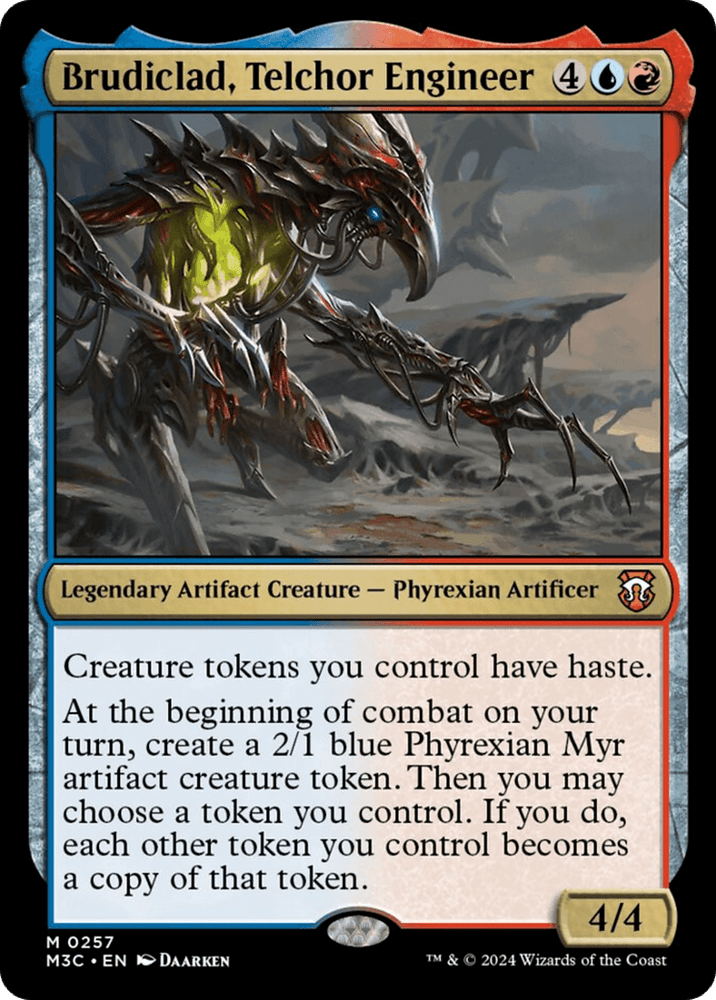 A Magic: The Gathering card from Modern Horizons 3 titled "Brudiclad, Telchor Engineer (Ripple Foil) [Modern Horizons 3 Commander]." It depicts a mechanical, insect-like creature with a large claw and glowing elements. As a mythic 4/4 Legendary Artifact Creature - Phyrexian Artificer, its abilities involve hasting creature tokens and transforming them into copies of a chosen token.