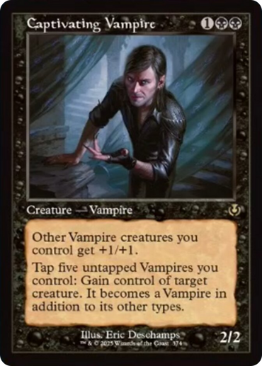 The Magic: The Gathering card "Captivating Vampire (Retro Frame) [Innistrad Remastered]" features a 2/2 vampire in a dark vest, costing one generic and two black mana. It empowers other vampires and can control target creatures.