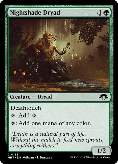 A Magic: The Gathering card from Modern Horizons 3 titled *Nightshade Dryad [Modern Horizons 3]*. It costs 1 green and 1 other mana. The artwork depicts a mystical dryad with leaves and vines amid falling petals. This Creature — Dryad has Deathtouch and can tap to add one mana of any color. Its power and toughness are 1/2.