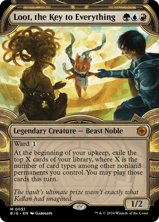 The image shows a Magic: The Gathering card titled "Loot, the Key to Everything (Showcase) [Outlaws of Thunder Junction: The Big Score]." It depicts a young boy and a small creature facing a humanoid plant monster. The Legendary Creature type is Beast Noble, Ward 1, with power and toughness at 1/2.