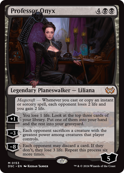 Magic: The Gathering card titled "Professor Onyx [Duskmourn: House of Horror Commander]," featuring a Legendary Planeswalker — Liliana. The character is depicted in dark, elegant attire, seated on a throne with an arcane backdrop. This card has abilities of +1, -3, and -8 that influence life points and card manipulation, along with the Magecraft mechanic. It requires 4BB to cast.