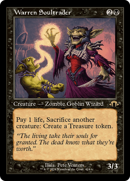 A "Magic: The Gathering" card titled "Warren Soultrader (Retro) [Modern Horizons 3]" from Modern Horizons 3 with a casting cost of 2 colorless and 1 black mana. This rare, 3/3 Zombie Goblin Wizard lets you pay 1 life and sacrifice another creature to create a Treasure token. The illustration depicts a menacing goblin zombie wizard.