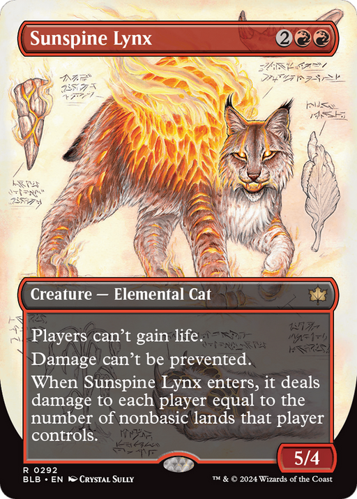 The Magic: The Gathering card titled "Sunspine Lynx (Borderless) [Bloomburrow]" showcases a rare Elemental Cat with a fiery mane, standing amidst flames. As a red card costing 2 red and 2 colorless mana, it features special abilities along with stats of 5 power and 4 toughness. The artwork is created by Crystal Sully.