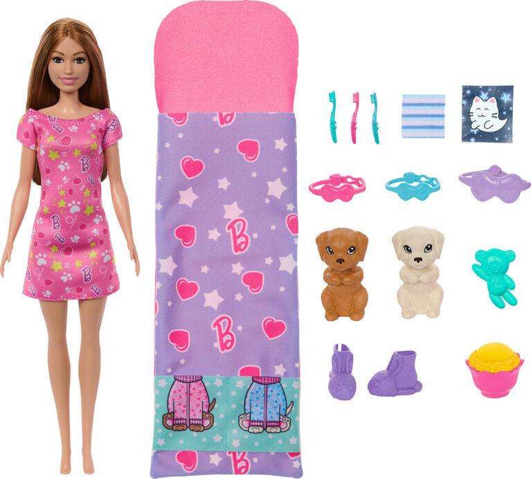 A Mattel Barbie-Slumber Party Puppies-Doll Set features a Barbie doll in a pink nightgown with heart and star patterns. Accompanying her are a heart-decorated sleeping bag, three small animal figures (including two puppies with color-changing muzzles), slippers, an eye mask, a teddy bear, a cereal bowl, and grooming accessories.