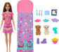 A Mattel Barbie-Slumber Party Puppies-Doll Set features a Barbie doll in a pink nightgown with heart and star patterns. Accompanying her are a heart-decorated sleeping bag, three small animal figures (including two puppies with color-changing muzzles), slippers, an eye mask, a teddy bear, a cereal bowl, and grooming accessories.
